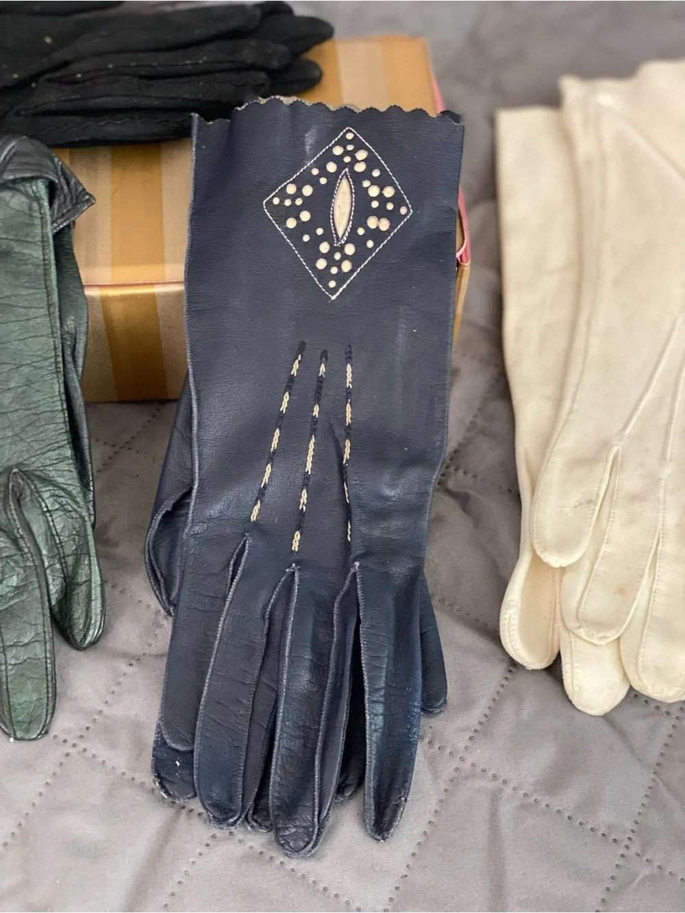 Mixed Vintage Leather Gloves Set - Black, Brown, Green, Navy
